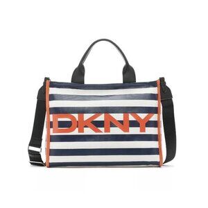 DKNY Emilee canvas striped medium tote crossbody bag - NAVY BLUE / WHITE